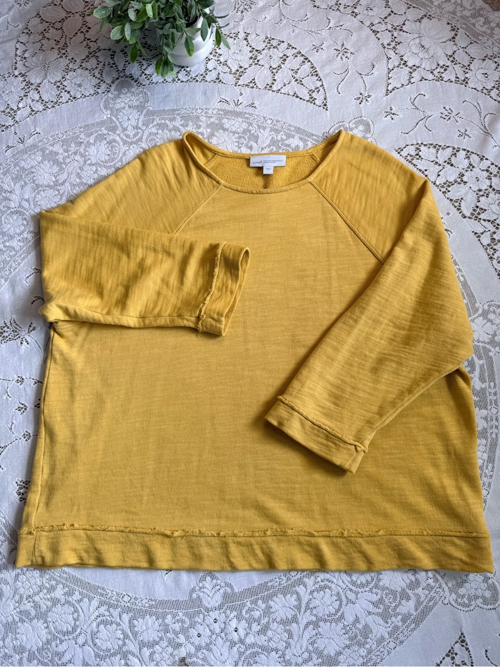 Purejill woman’s mustard Yellow organic cotton sweatshirt Top boxy oversized LG